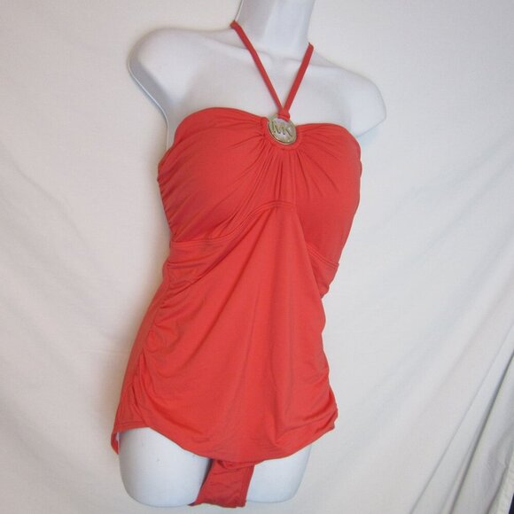 NEW Michael Kors One Piece Halter Swimsuit Coral Red 14 Plus Padded Multi-Strap - Picture 1 of 6